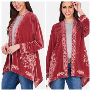 Floriana‎ Embroidered Velvet Open Front Cardigan Sz M Kimono Jacket Blush Luxury